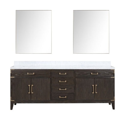 [LVL84DK110] Laurel 84 in W x 22 in. D Brown Oak Double Bath Vanity, Carrara Marble Top, and 36 in Mirrors