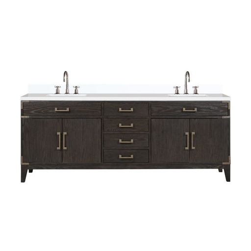 [LVL84DK201] Laurel 84 in W x 22 in. D Brown Oak Double Bath Vanity, White Quartz Top, and Faucet Set