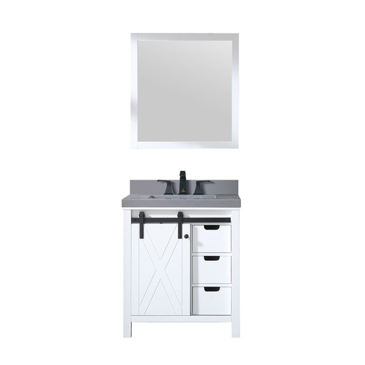 [LVM30SA411] Marsyas 30 in W x 22 in. D White Bath Vanity, Grey Quartz Countertop, Faucet Set and 28 in Mirror