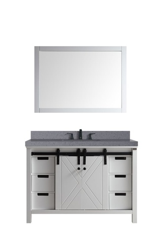 [LVM48SA411] Marsyas 48 in W x 22 in. D White Bath Vanity, Grey Quartz Countertop, Faucet Set and 44 in Mirror