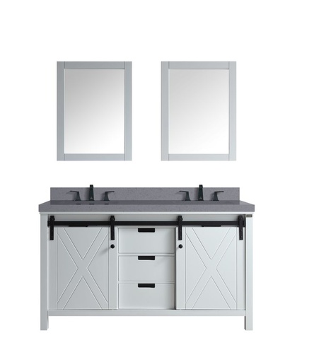 [LVM60DA411] Marsyas 60 in W x 22 in. D White Double Bath Vanity, Grey Quartz Countertop, Faucet Set and 24 in Mirrors