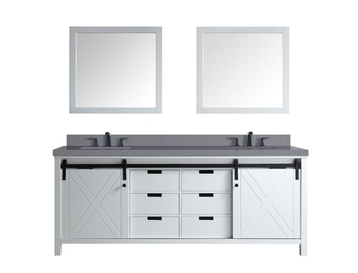 [LVM80DA411] Marsyas 80 in W x 22 in. D White Double Bath Vanity, Grey Quartz Countertop, Faucet Set and 30 in Mirrors