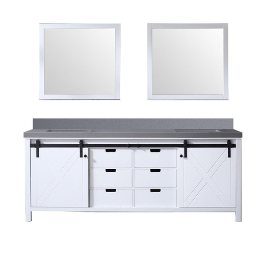 [LVM84DA411] Marsyas 84 in W x 22 in. D White Double Bath Vanity, Grey Quartz Countertop, Faucet Set and 34 in Mirrors