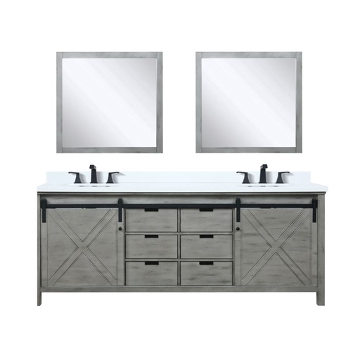 [LVM84DH211] Marsyas 84 in W x 22 in. D Ash Grey Double Bath Vanity, White Quartz Countertop, Faucet Set and 34 in Mirrors
