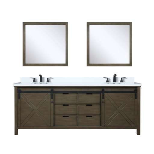 [LVM84DK211] Marsyas 84 in W x 22 in. D Rustic Brown Double Bath Vanity, White Quartz Countertop, Faucet Set and 34 in Mirrors