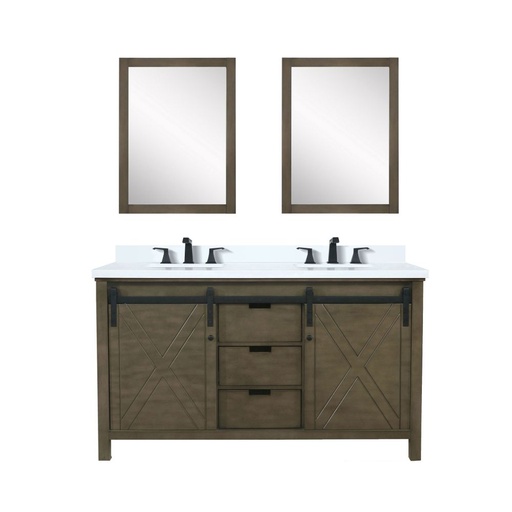 [LVM60DK311] Marsyas 60 in W x 22 in. D Rustic Brown Double Bath Vanity, Cultured Marble Countertop, Faucet Set and 24 in Mirrors
