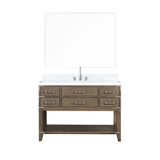 [LVN48SR111] Norwalk 48 in W x 22 in. D Grey Oak Single Bath Vanity, Carrara Marble Top, Faucet Set, and 46 in Mirror