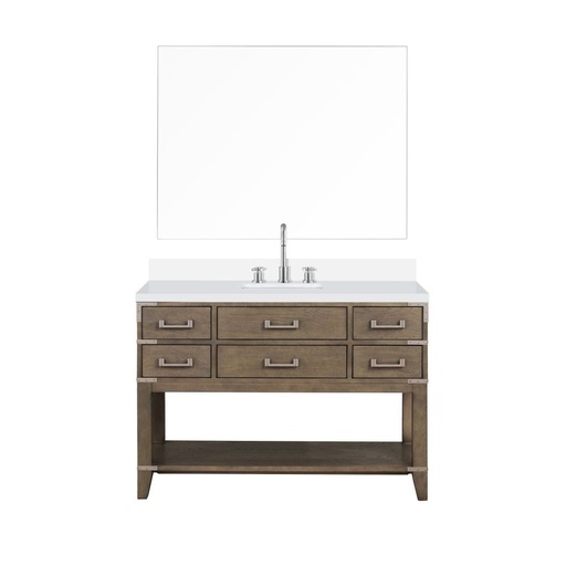 [LVN48SR211] Norwalk 48 in W x 22 in. D Grey Oak Single Bath Vanity, White Quartz Top, Faucet Set, and 46 in Mirror