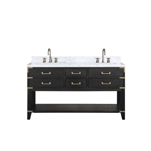 [LVN60DJ101] Norwalk 60 in W x 22 in. D Black Oak Double Bath Vanity, Carrara Marble Top, and Faucet Set