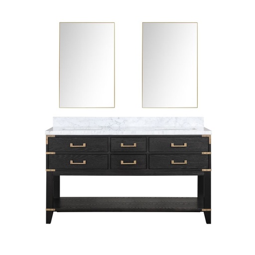 [LVN60DJ110] Norwalk 60 in W x 22 in. D Black Oak Double Bath Vanity, Carrara Marble Top, and 28 in Mirrors