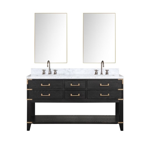 [LVN60DJ111] Norwalk 60 in W x 22 in. D Black Oak Double Bath Vanity, Carrara Marble Top, Faucet Set, and 28 in Mirrors
