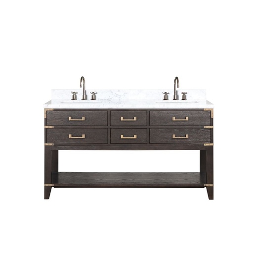 [LVN60DK101] Norwalk 60 in W x 22 in. D Brown Oak Double Bath Vanity, Carrara Marble Top, and Faucet Set