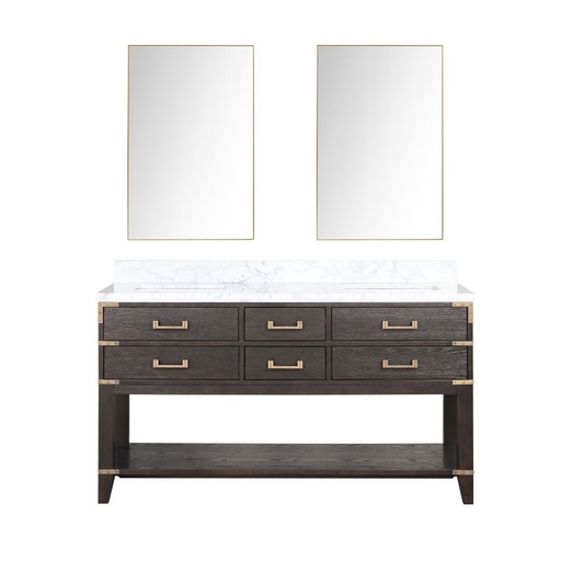 [LVN60DK110] Norwalk 60 in W x 22 in. D Brown Oak Double Bath Vanity, Carrara Marble Top, and 28 in Mirrors