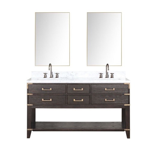 [LVN60DK111] Norwalk 60 in W x 22 in. D Brown Oak Double Bath Vanity, Carrara Marble Top, Faucet Set, and 28 in Mirrors