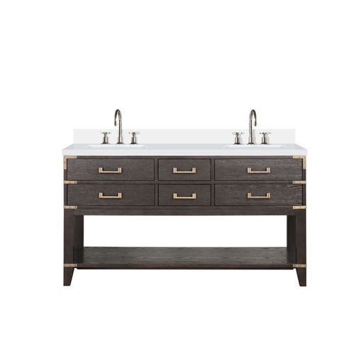 [LVN60DK201] Norwalk 60 in W x 22 in. D Brown Oak Double Bath Vanity, White Quartz Top, and Faucet Set