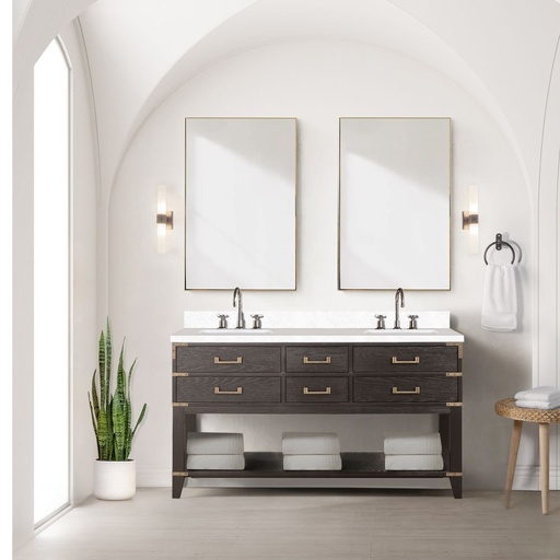 [LVN60DK210] Norwalk 60 in W x 22 in. D Brown Oak Double Bath Vanity, White Quartz Top, and 28 in Mirrors