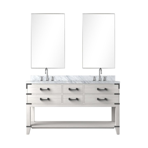 [LVN60DM111] Norwalk 60 in W x 22 in. D White Oak Double Bath Vanity, Carrara Marble Top, Faucet Set, and 28 in Mirrors