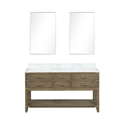 [LVN60DR110] Norwalk 60 in W x 22 in. D Grey Oak Double Bath Vanity, Carrara Marble Top, and 28 in Mirrors