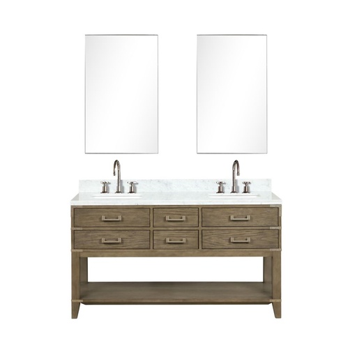 [LVN60DR111] Norwalk 60 in W x 22 in. D Grey Oak Double Bath Vanity, Carrara Marble Top, Faucet Set, and 28 in Mirrors