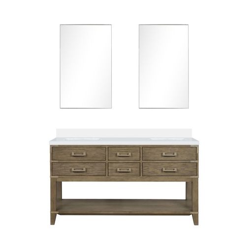 [LVN60DR210] Norwalk 60 in W x 22 in. D Grey Oak Double Bath Vanity, White Quartz Top, and 28 in Mirrors