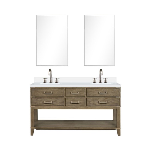 [LVN60DR311] Norwalk 60 in W x 22 in. D Grey Oak Double Bath Vanity, Cultured Marble Top, Faucet Set, and 28 in Mirrors
