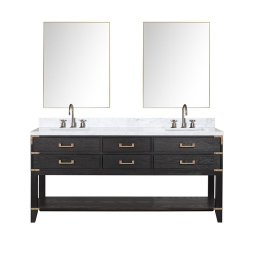 [LVN72DJ111] Norwalk 72 in W x 22 in. D Black Oak Double Bath Vanity, Carrara Marble Top, Faucet Set, and 34 in Mirrors