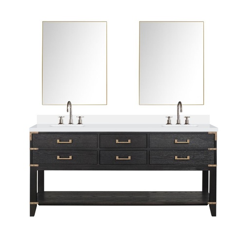 [LVN72DJ211] Norwalk 72 in W x 22 in. D Black Oak Double Bath Vanity, White Quartz Top, Faucet Set, and 34 in Mirrors
