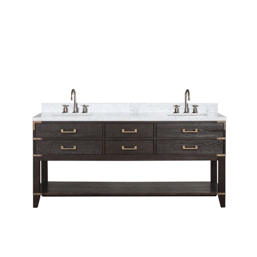 [LVN72DK101] Norwalk 72 in W x 22 in. D Brown Oak Double Bath Vanity, Carrara Marble Top, and Faucet Set