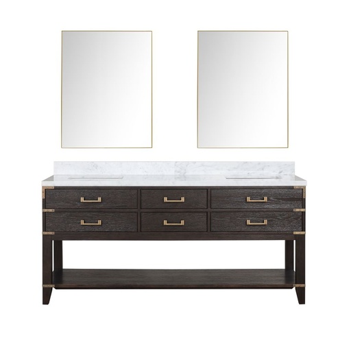 [LVN72DK110] Norwalk 72 in W x 22 in. D Brown Oak Double Bath Vanity, Carrara Marble Top, and 34 in Mirrors
