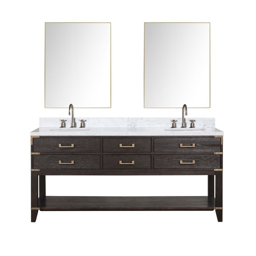 [LVN72DK111] Norwalk 72 in W x 22 in. D Brown Oak Double Bath Vanity, Carrara Marble Top, Faucet Set, and 34 in Mirrors
