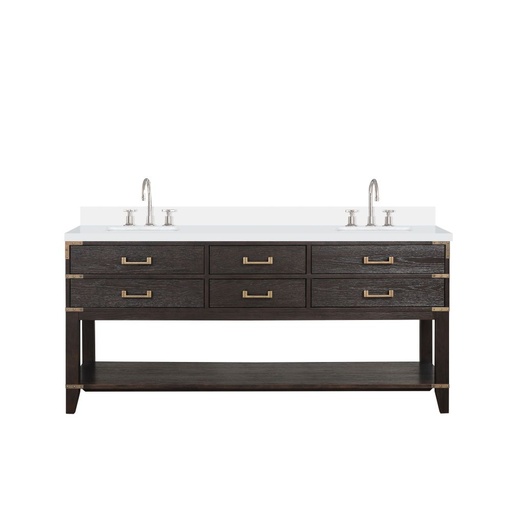 [LVN72DK201] Norwalk 72 in W x 22 in. D Brown Oak Double Bath Vanity, White Quartz Top, and Faucet Set
