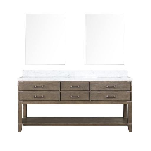 [LVN72DR110] Norwalk 72 in W x 22 in. D Grey Oak Double Bath Vanity, Carrara Marble Top, and 34 in Mirrors