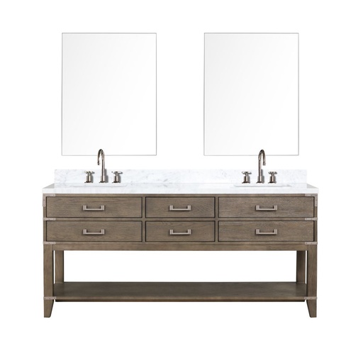 [LVN72DR111] Norwalk 72 in W x 22 in. D Grey Oak Double Bath Vanity, Carrara Marble Top, Faucet Set, and 34 in Mirrors