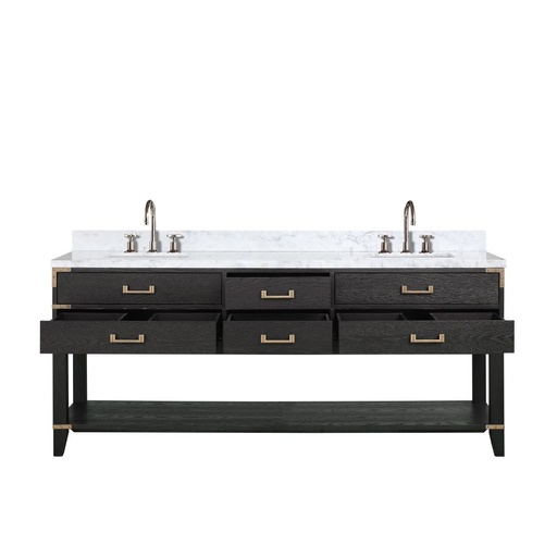 [LVN80DJ101] Norwalk 80 in W x 22 in. D Black Oak Double Bath Vanity, Carrara Marble Top, and Faucet Set