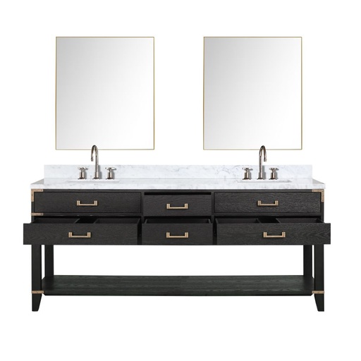 [LVN80DJ111] Norwalk 80 in W x 22 in. D Black Oak Double Bath Vanity, Carrara Marble Top, Faucet Set, and 36 in Mirrors