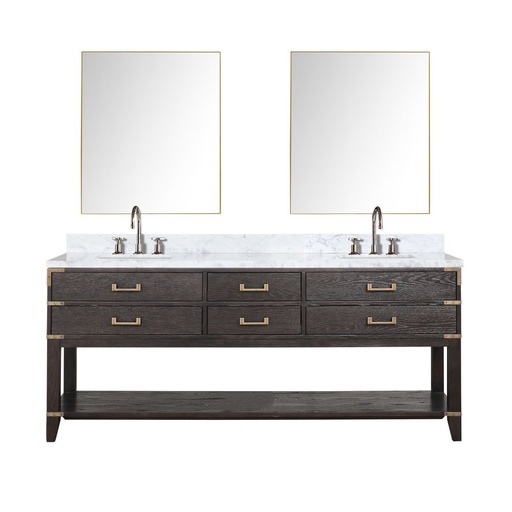 [LVN80DK111] Norwalk 80 in W x 22 in. D Brown Oak Double Bath Vanity, Carrara Marble Top, Faucet Set, and 36 in Mirrors