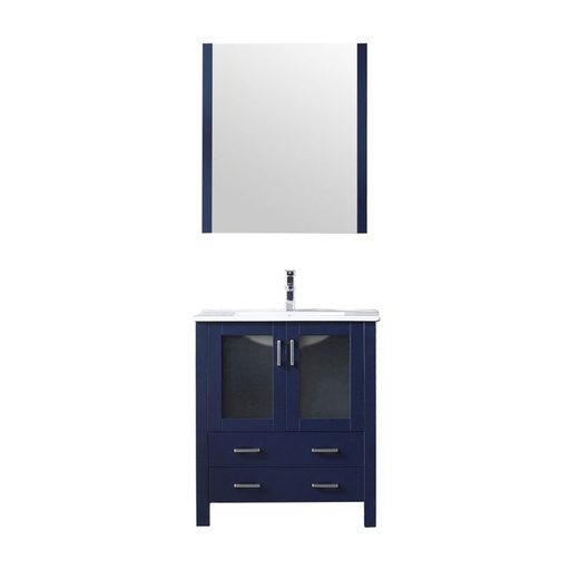 [LV341830SEESM28F] Volez 30 in W x 18.25 in. D Navy Blue Bath Vanity, White Ceramic Top, Faucet Set, and 28 in Mirror