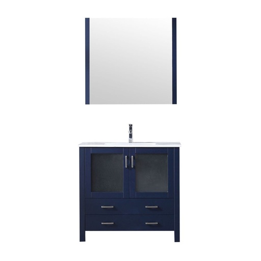 [LV341836SEESM34F] Volez 36 in W x 18.25 in. D Navy Blue Bath Vanity, White Ceramic Top, Faucet Set, and 34 in Mirror