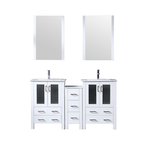 [LV341860SAESM22F] Volez 60 in W x 18.25 in. D White Double Bath Vanity with Side Cabinet, Faucet Set, White Ceramic Top, and 22 in Mirrors