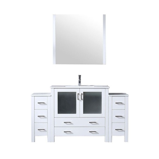 [LV341860SAESM34F] Volez 60 in W x 18.25 in. D White Bath Vanity with Side Cabinets, Faucet Set, White Ceramic Top, and 34 in Mirror