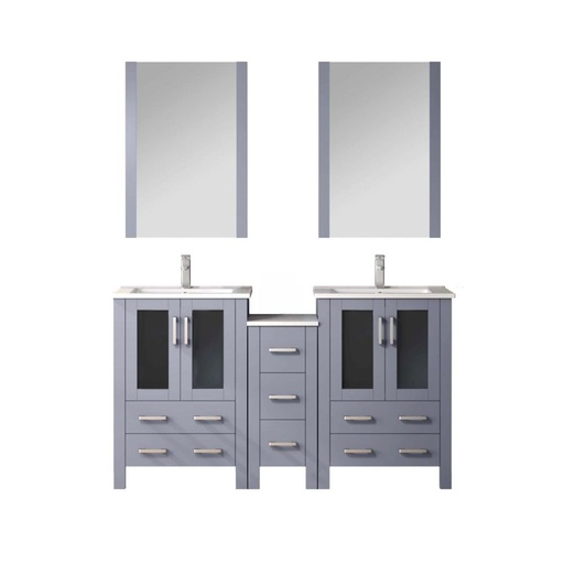 [LV341860SBESM22F] Volez 60 in W Dark Grey Double Bath Vanity with Side Cabinet, Faucet Set, White Ceramic Top, and 22 in Mirrors