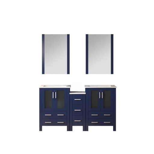 [LV341860SEESM22] Volez 60 in W x 18.25 in. D Navy Blue Double Bath Vanity with Side Cabinet, White Ceramic Top, and 22 in Mirrors