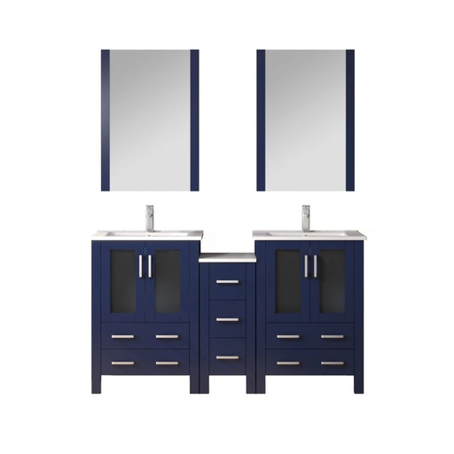 [LV341860SEESM22F] Volez 60 in W Navy Blue Double Bath Vanity with Side Cabinet, Faucet Set, White Ceramic Top, and 22 in Mirrors