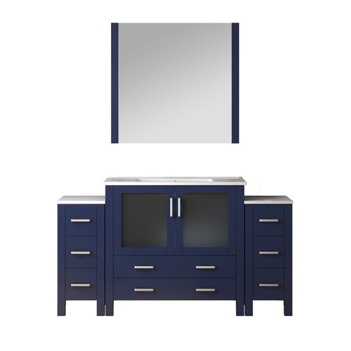 [LV341860SEESM34] Volez 60 in W x 18.25 in. D Navy Blue Bath Vanity with Side Cabinets, White Ceramic Top, and 34 in Mirror