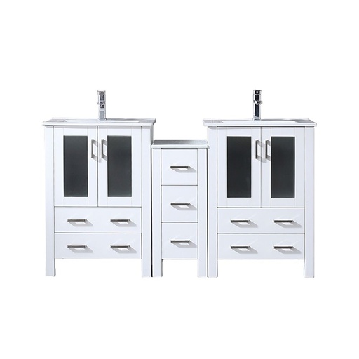 [LVV60D24A601] Volez 60 in W x 18.25 in. D White Double Bath Vanity with Side Cabinet, White Ceramic Top, and Faucet Set