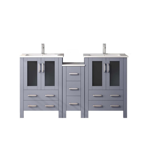 [LVV60D24B601] Volez 60 in W x 18.25 in. D Dark Grey Double Bath Vanity with Side Cabinet, White Ceramic Top, and Faucet Set
