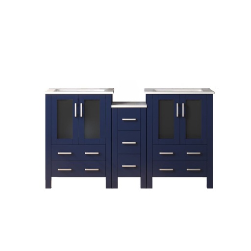 [LVV60D24E600] Volez 60 in W x 18.25 in. D Navy Blue Double Bath Vanity with Side Cabinet, and White Ceramic Top