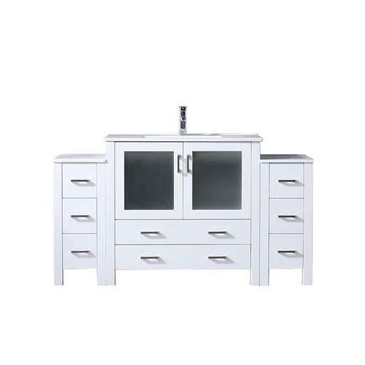 [LVV60S36A601] Volez 60 in W x 18.25 in. D White Double Bath Vanity with Side Cabinets, White Ceramic Top, and Faucet Set