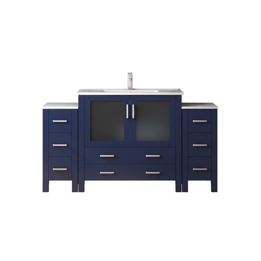 [LVV60S36E601] Volez 60 in W x 18.25 in. D Navy Blue Double Bath Vanity with Side Cabinets, White Ceramic Top, and Faucet Set