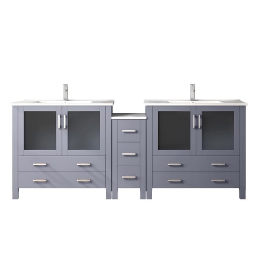 [LVV84D36B601] Volez 84 in W x 18.25 in. D Dark Grey Double Bath Vanity with Side Cabinet, White Ceramic Top, and Faucet Set